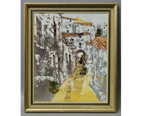 After Bernard Dufour, French b.1922- Mediterranean Village; oleograph printed in colours on canvas with hand finishing, stenc