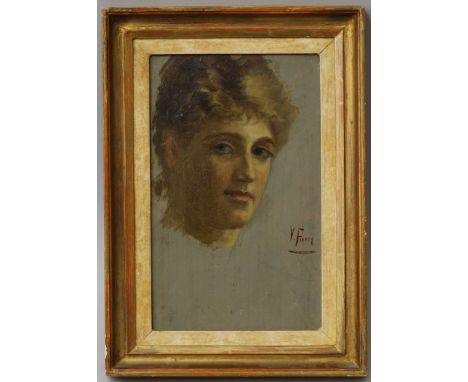 Virginia L Finney, British exh 1887-1896- Study of a lady, head length, with upswept hair; oil on board, signed, 21.9x13.5cm 