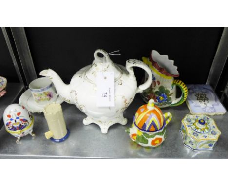 A mixed lot to include a 19th century gilded teapot, porcelain cup and saucer, a Mosanic jar and cover, a stoneware plaque de