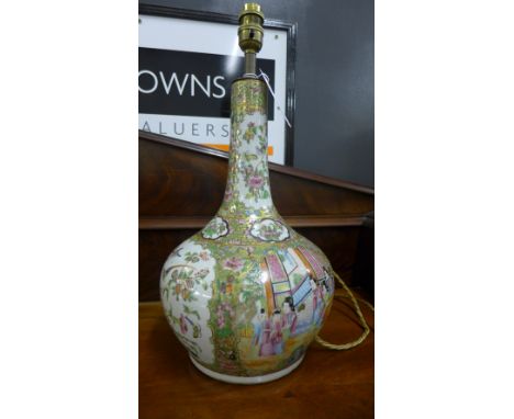 A Chinese Famille rose bottle neck table lamp painted with figures, flowers and foliage, 37cm high excluding fitting