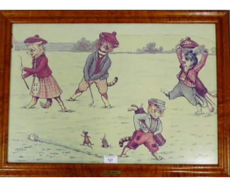 The Green, a framed Louis Wain cat golfing print in a glazed frame, 59 x 40cm 