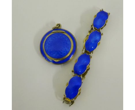 Silver gilt and blue guilloche enamel bracelet together with a silver and enamel miniature powder compact (2) 