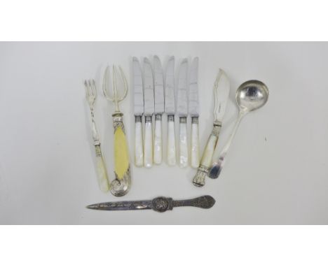 Sheffield silver mounted and faux ivory handled pickle fork together with a set of six mother of pearl handled and Epns butte