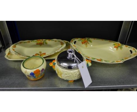 A Clarice Cliff Crocus patterned jar, a Clarice Cliff Celtic Harvest bowl and cover, together with Clarice Cliff sandwich pla