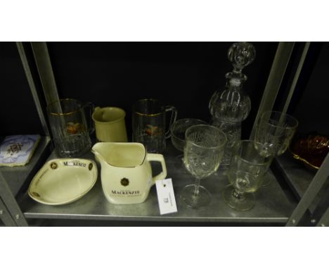 A mixed lot to include The Real MacKenzie Scotch Whisky pub water jug and ashtray by Wade, miscellaneous etched glasses, two 