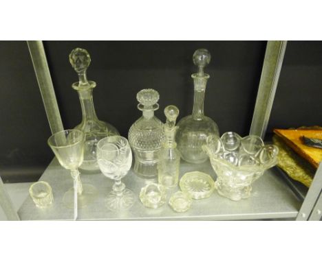 19th century and later glass wares to include two globe and shaft decanters and stoppers, a hobnail small decanter and stoppe