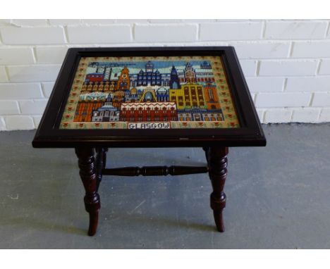 A mahogany framed side table with a Glasgow tapestry top on turned supports and stretchers, 45 x 53cm