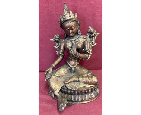 A large Chinese hollow bronze, 2 toned metal work figurine of a Deity.  Approx. 28.5cm tall.