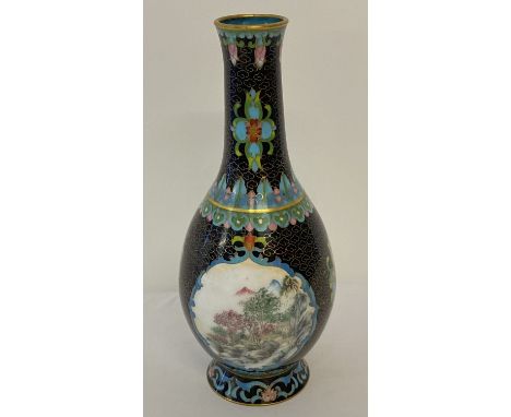 A black ground cloisonné vase of bulbous form with long slim neck. Hand painted scenic detail to front and back. Approx. 27cm