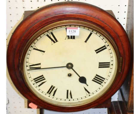 A Victorian and later mahogany circular wall clock, having white enamel dial, single winding hole for a fusee movement (with 