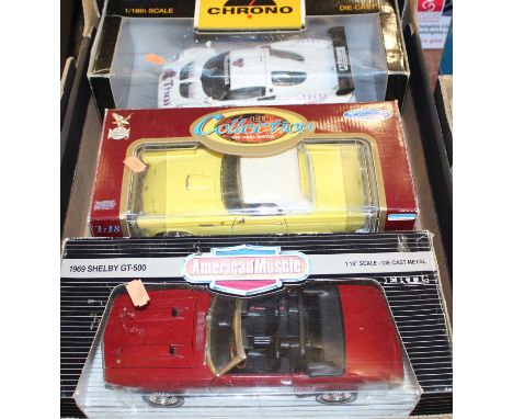 Three boxed 1/18 scale boxed diecast vehicles to include Chrono American Muscle and others