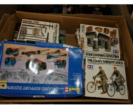 A large box of mainly Airfix kits, to include 1:32 scale MiG 15 by Trumpeter, Tamiya 1:35 scale military kits etc