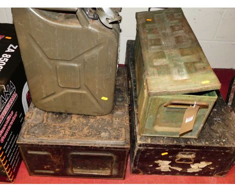 Two metal ammunition boxes containing sundry tools; together with a wooden trunk with annotated cover; and a metal fuel can (