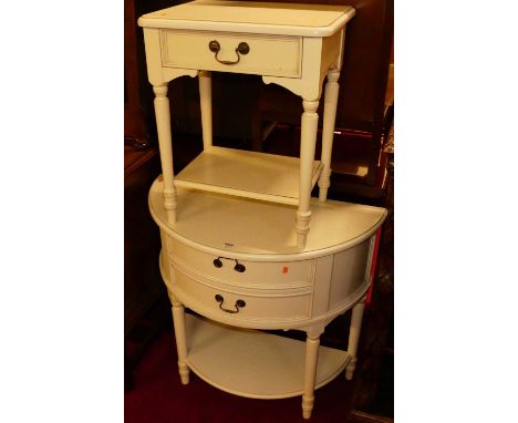 A Laura Ashley white wood demi-lune two drawer two-tier side table, w.85cm; together with a further Laura Ashley single drawe