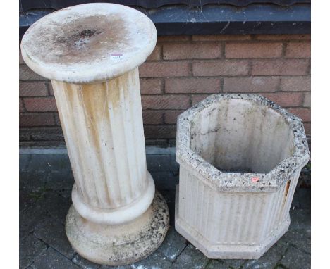 A reconstituted stone circular fluted garden pedestal column, with matching octagonal planter, max height 122cm (2)