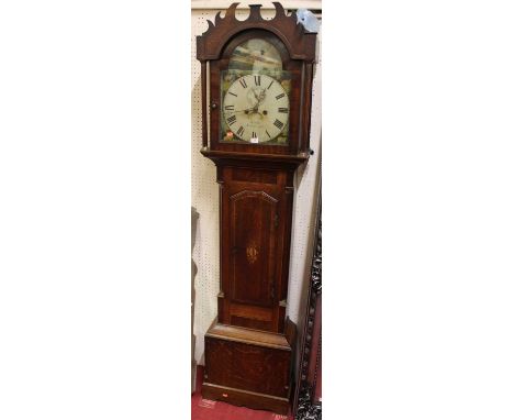 A circa 1800 provincial oak and mahogany crossbanded long case clock, the arched painted dial signed Keates, Newmarket, twin 