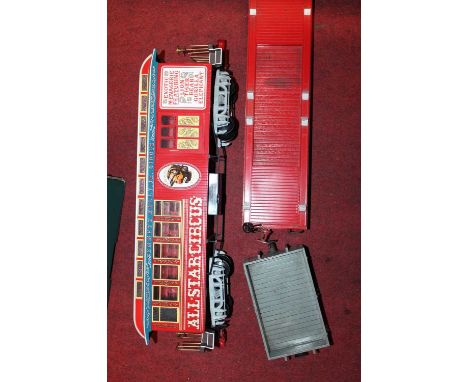Three various manufactured and kit built garden scale wagons to include All State Circus, advertising car, and two others