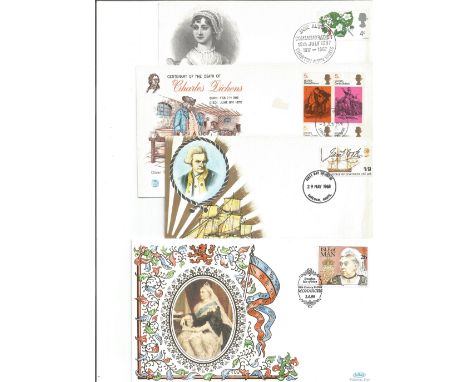 7 First Day Covers Isle Of Man, UK inc Declaration Of Arbroath And Charles Dickens. Good condition. We combine postage on mul