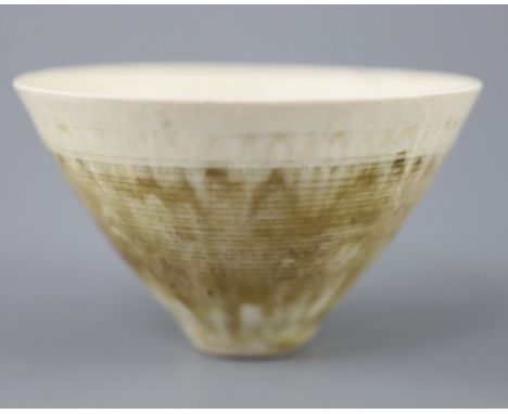 Dame Lucie Rie (1902-1995). A finely potted conical bowl, in white stoneware, the ring turning to the exterior accentuated by