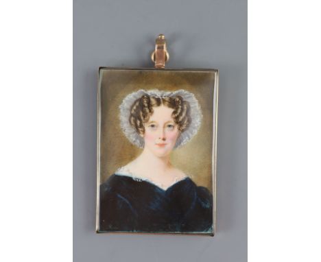 William Egley (1798-1870)oil on ivoryPortrait miniature of a lady wearing a lace bonnet and green dressinscribed verso2.5 x 1