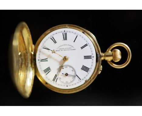 An early 20th century Swiss engine turned 18k gold hunter keyless fob watch, retailed by Courvoisier Freres, with Roman dial 