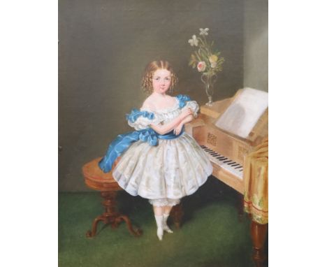 Mid 19th century Continental Schooloil on canvasFull length portrait of a girl wearing a blue and white dress standing before