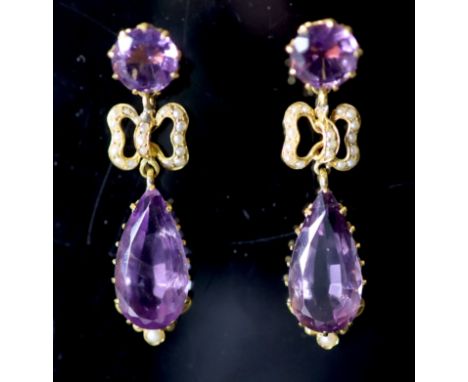 A pair of Victorian style gold, pear and round cut amethyst and seed pearl cluster set drop earrings, 49mm, gross 10.1 grams.