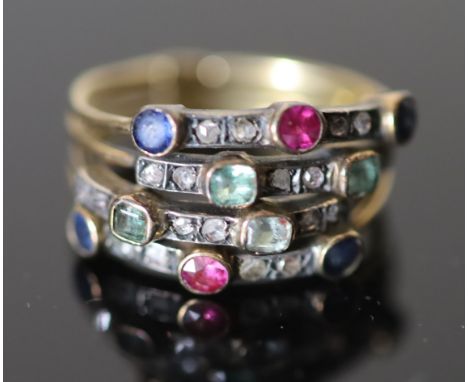 A 19th century gold, sapphire, ruby, emerald and rose cut diamond set quadruple shank half hoop ring, size M, gross 4.5 grams