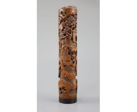 A Chinese bamboo 'landscape and figures' perfume holder, 18th century, of cylindrical form, finely carved and pierced on the 