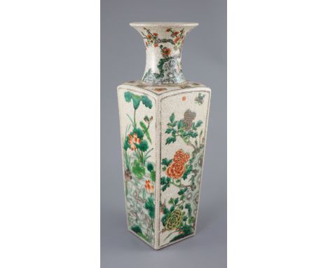 A Chinese famille verte crackle glaze square vase, late 19th century, painted with egrets wading amid lotus and flowering shr