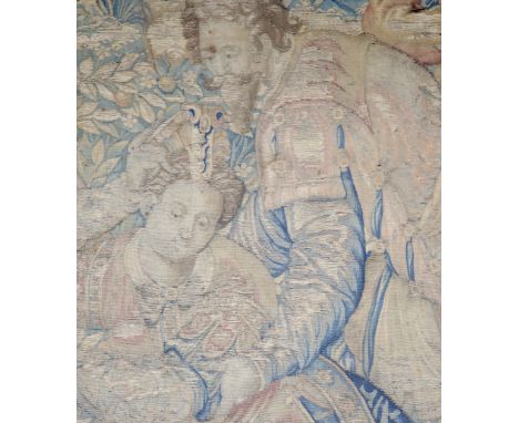 A 17th century Brussels tapestry fragment, depicting two figures, 26 x 19.25in.CONDITION: Somewhat faded but still retaining 