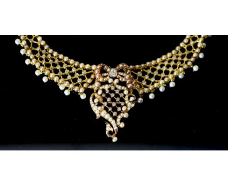 A good Victorian 15ct gold, pearl and diamond set drop pendant/brooch necklace, the necklace and pendant brooch with diamond 