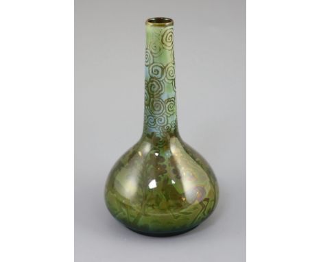 Richard Joyce for Pilkington Royal Lancastrian. A lustre bottle vase, in green, yellow and blue tones, decorated with four de