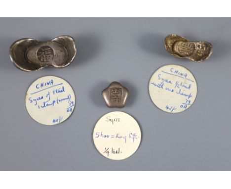 China Empire or Republic period, AR 1 Tael, 36.2g, half tael, 19.2g and quarter tael, 10.8g, all cast silver sycee, stamped '