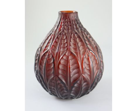 René Lalique. A pre-war dark amber glass Malesherbes vase, no.1014, designed in 1927, engraved mark R. Lalique France No...? 