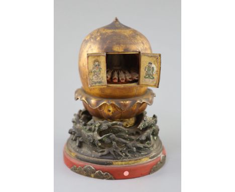 A Japanese lacquer portable shrine (zushi), 19th century, of peach form opening to reveal a female immortal protected by nine