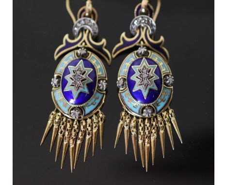 A pair of Italian 19th century style 14k gold (stamped 585), rose cut diamond and two colour enamel set oval tassel drop earr