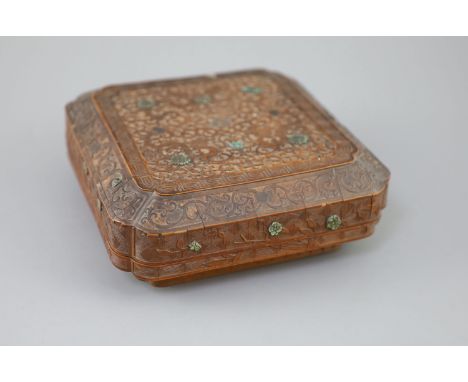 A rare Chinese bamboo-veneer (tiehuang) shaped square box and cover, Qianlong period (1736-95), the cover with re-entrant cor