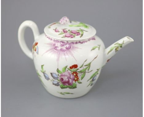 A good Worcester teapot and cover, c.1760, in the Meissen taste, painted with formal flower sprays, sprigs and butterflies, 1