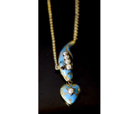 A Victorian gold, enamel, split pearl and cabochon garnet set serpent necklace, with heart shaped drop, with two glazed back 