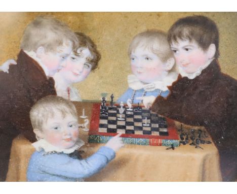 Early 19th century English Schooloil on ivoryMiniature family portrait of the children of the Watts family playing chesswith 