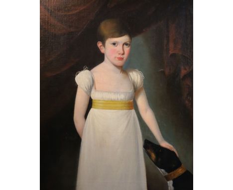 Early 19th century English Schooloil on canvasHalf length portrait of a youth standing with his hand resting upon a dog's hea