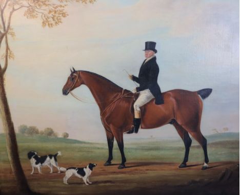 Follower of James Loden of Bath (1784-1854)oil on canvasPortrait of a gentleman on a bay hunter with two spaniels in a landsc