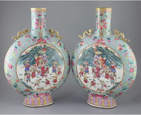 A pair of large Chinese turquoise ground famille rose moon flasks, Tongzhi seal mark and of the period (1862-74), each painte