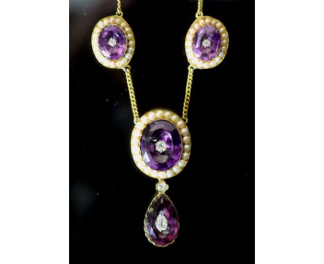 A Victorian style gold, amethyst, split pearl and old cut diamond cluster set drop necklace, with fancy cut amethysts, the la