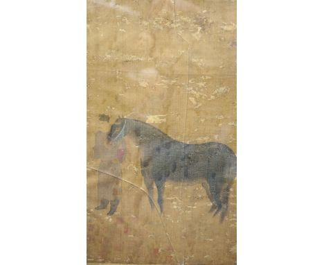 After Zhou Mengfu, painting on silk of a horse and groom, probably Ming or early Qing dynasty, inscribed in ink Zhou Mengfu w