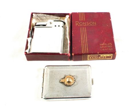 A 1950's Ronson lighter engraved with HMS Miner VII and a RM badged vesta case