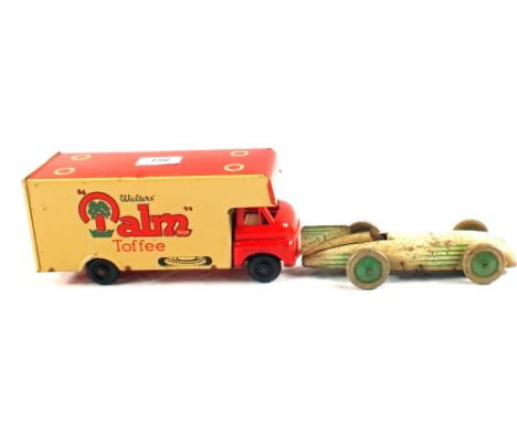 A Chad Valley tin plate racing car plus a Brimtoy Walters Palm Toffee friction drive lorry