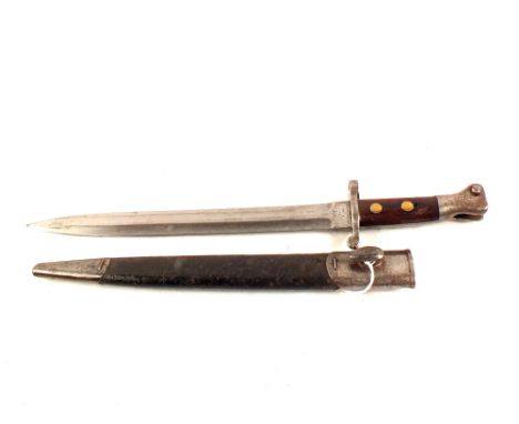 A British model 1888 bayonet marked VR 7/94 by Sanderson with scabbard together with an unusual swagger/walking stick with re