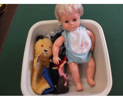 A Tiny Tears vinyl doll, Sooty glove puppet, Patch plus Patch and Sindy clothing etc